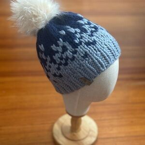 Handknit Merino Wool Beanie: Two-Tone Blue Ombre with Faux Fur Pom